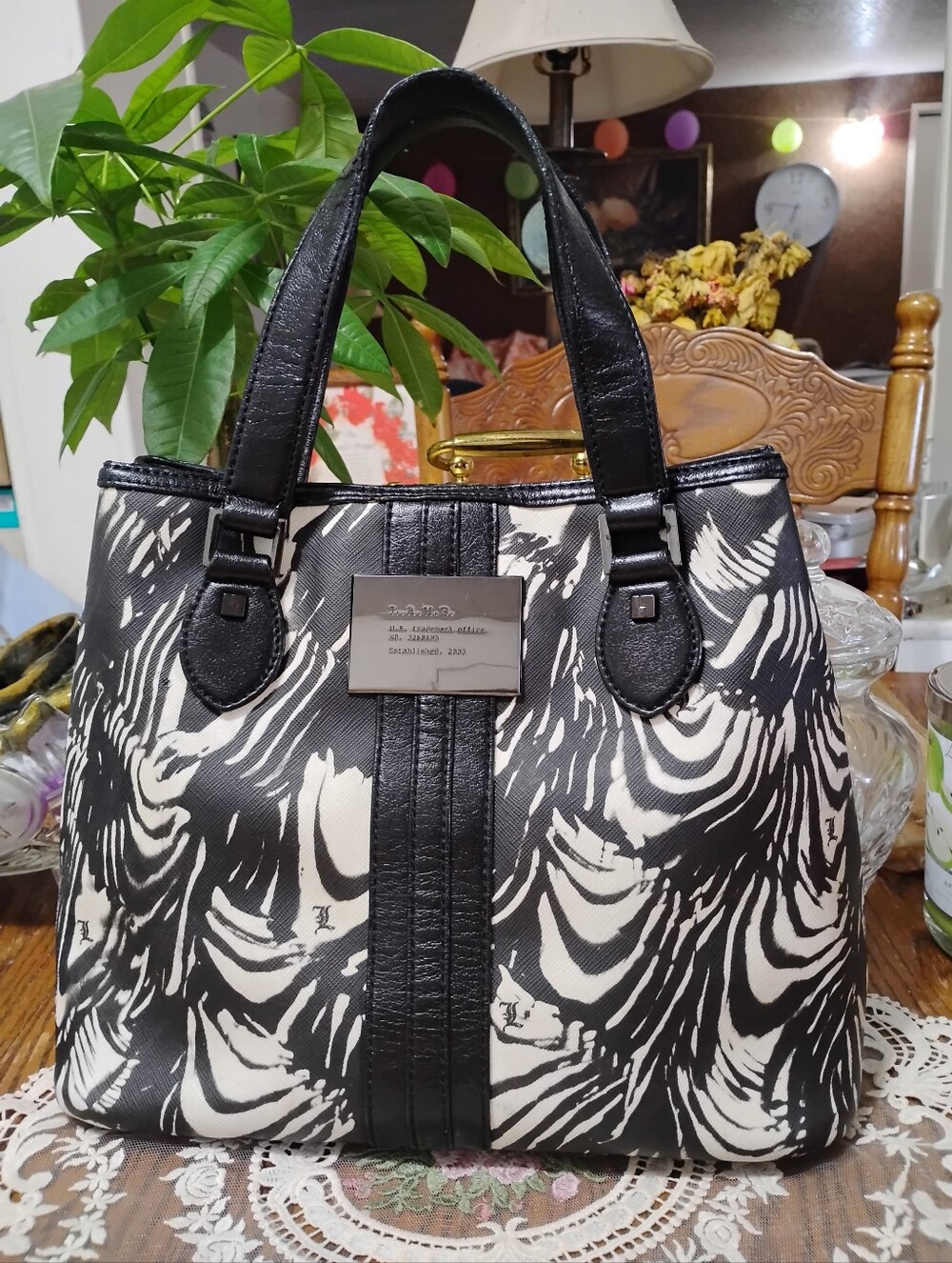 L.A.M.B. Black & White Swirl Print & Black Leather Tote! - Picture 6 of 7